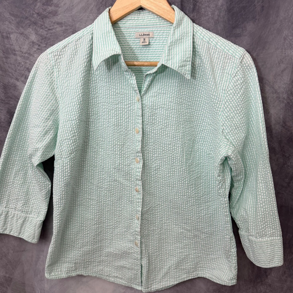 LL Bean Green White Striped Seersucker Shirt Womens M 3/4 Sleeve Coastal